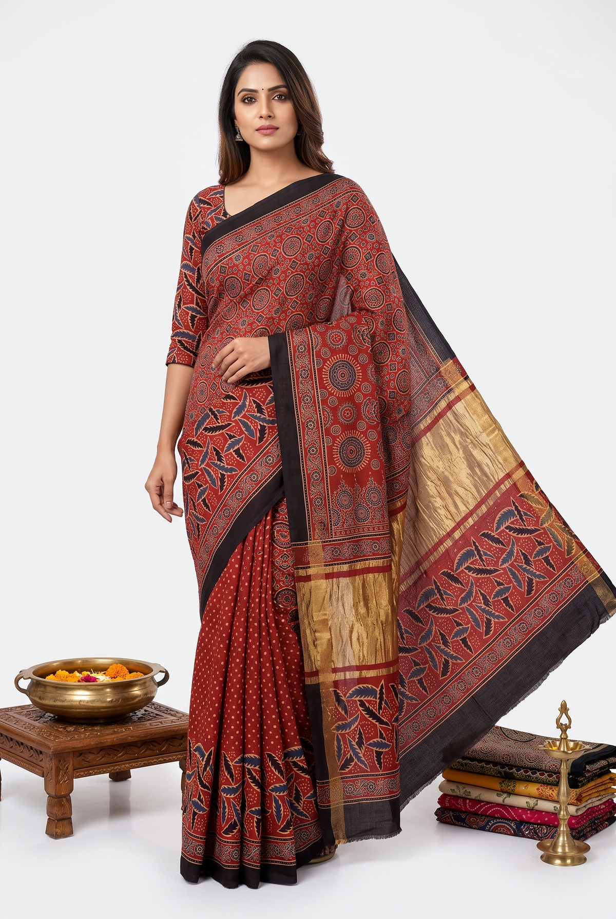 Ajrak Print Modal Silk Red Saree
