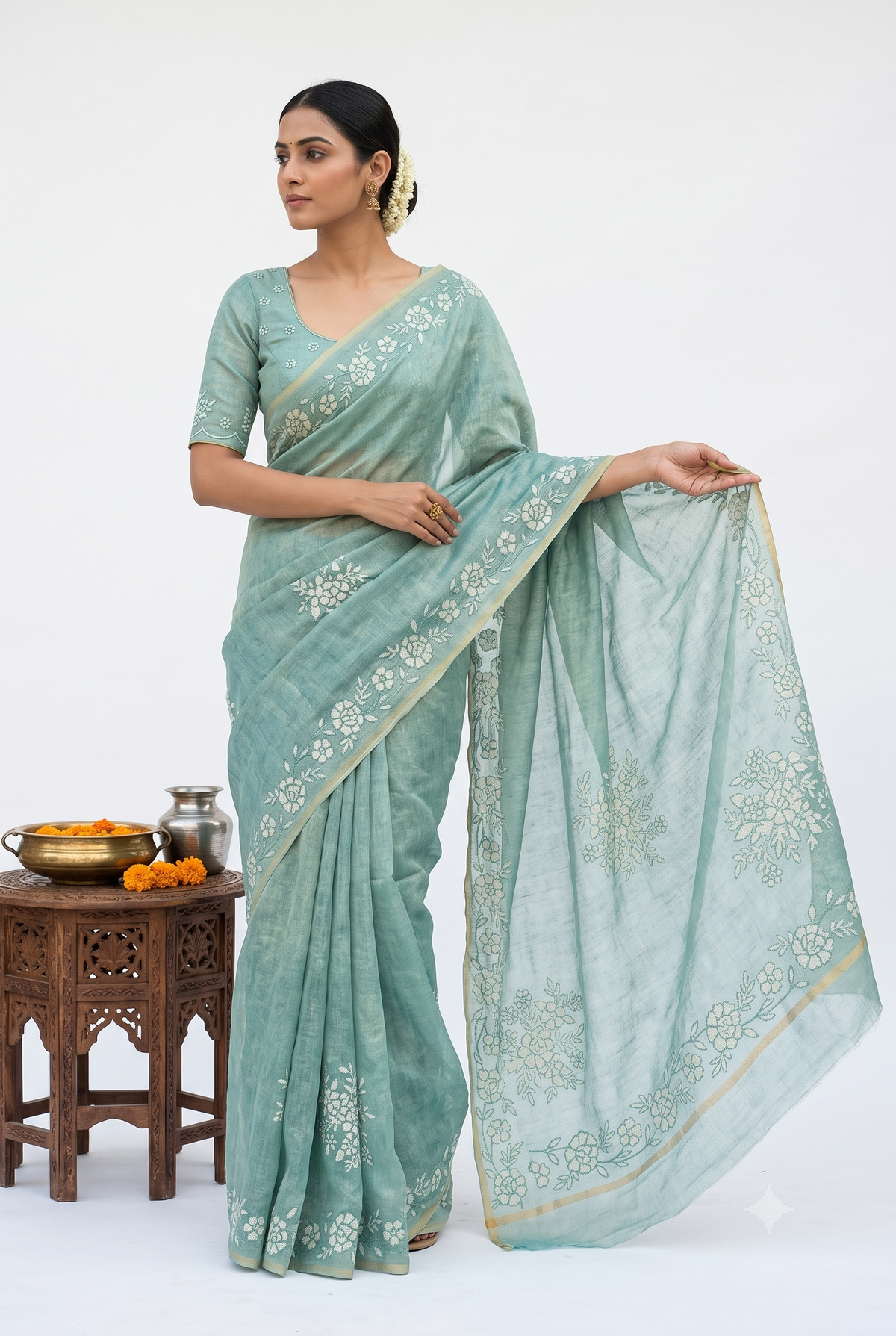 Designer Linen Shimmer Sea Green Saree