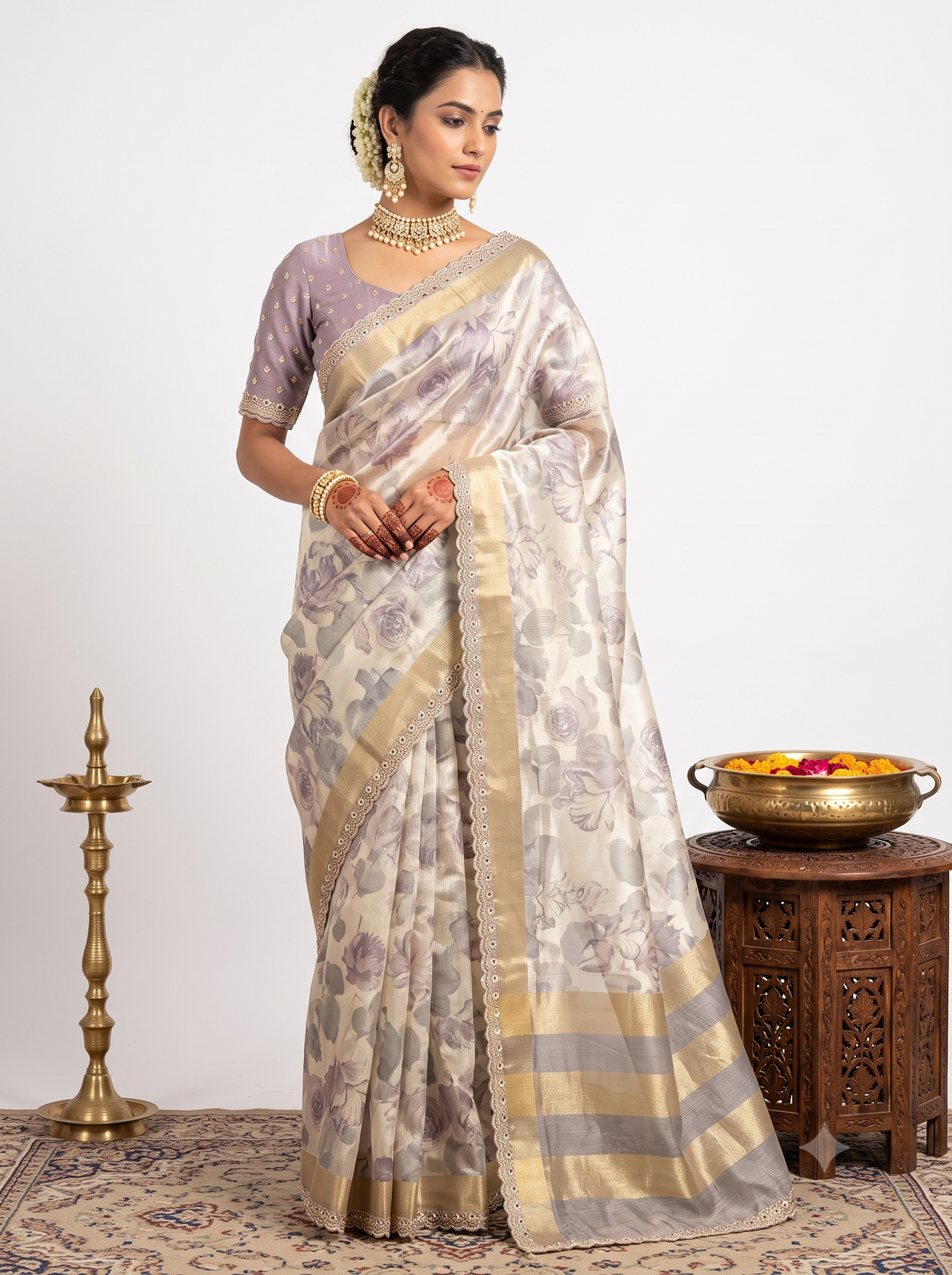 Floral Print Crape Purple Saree