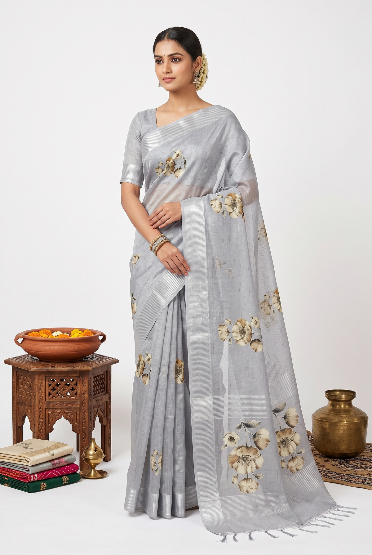 Floral Patch Work Tissue Silk Sliver Saree