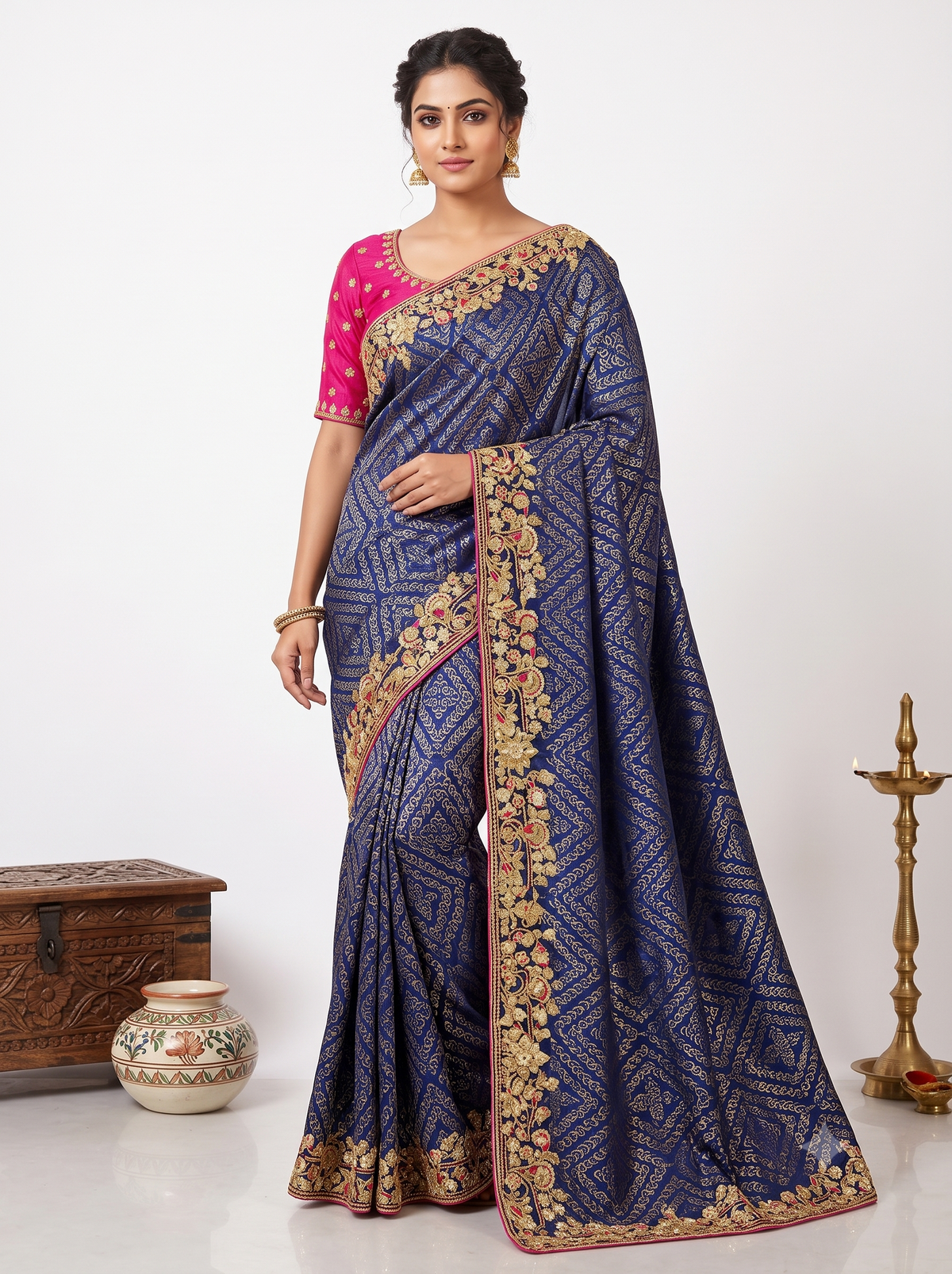 Zardosi Work Bandhani Print Satin Blue Saree